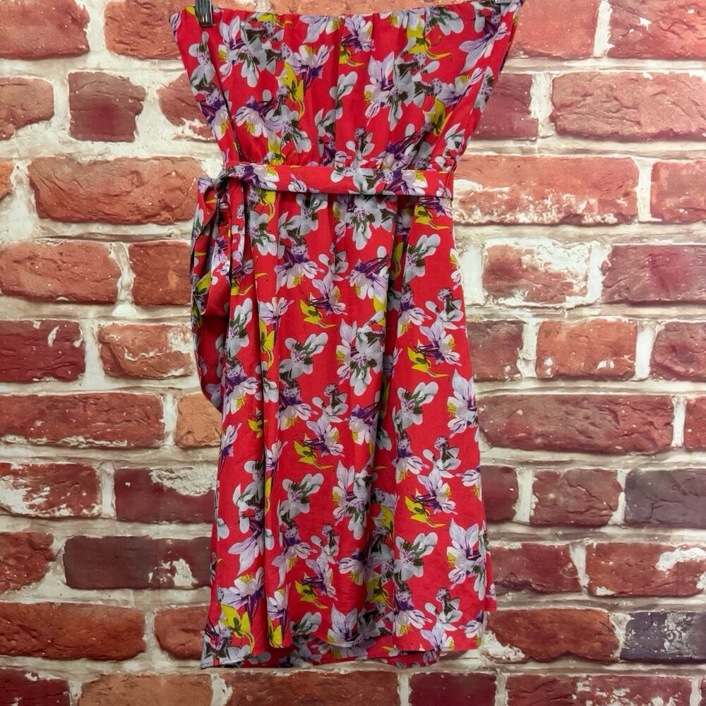 Express Mini Dress Womens 10 Red Multicolor Floral Tie Waist Strapless Sundress